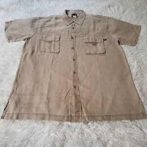 Weekendz off short sleeve linen khaki cargo button down  shirt L